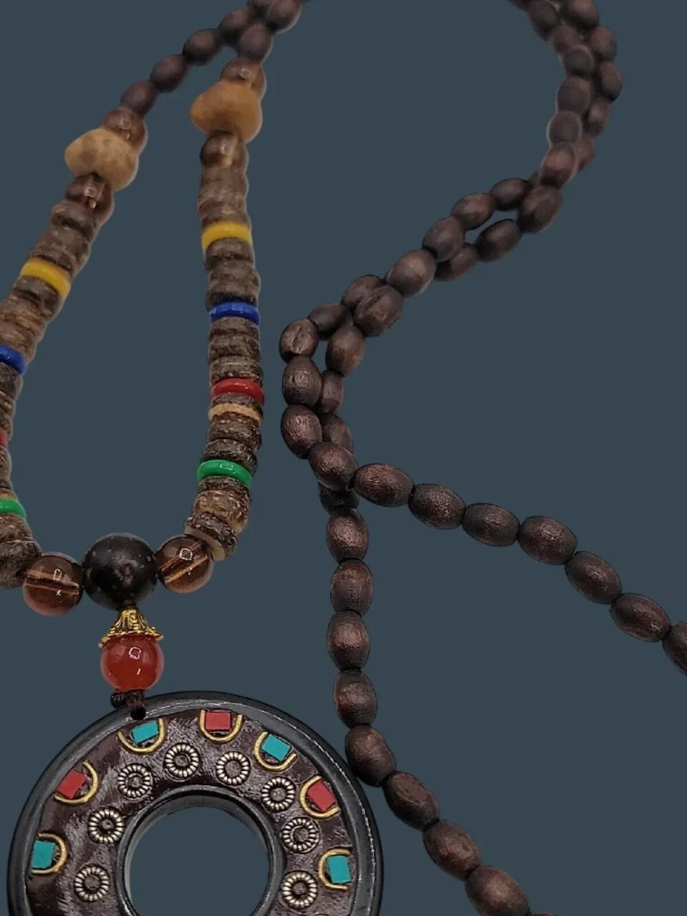 Unisex Nepal Buddhist Mala Wood Bead Pendant Necklace 30
